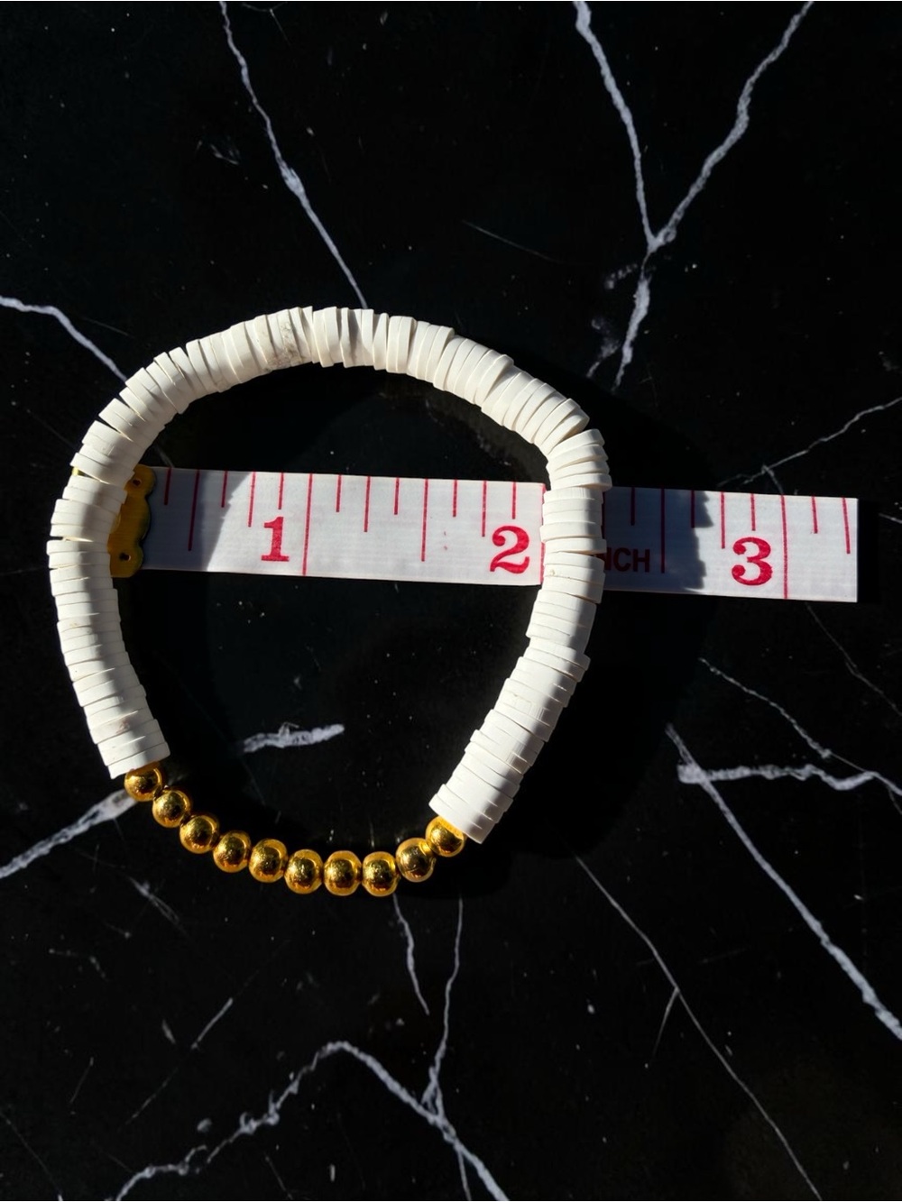 White Clay Heishi Bead Stretch Bracelet Boho Coastal Gold Accent Disc Stackable - Picture 5 of 8